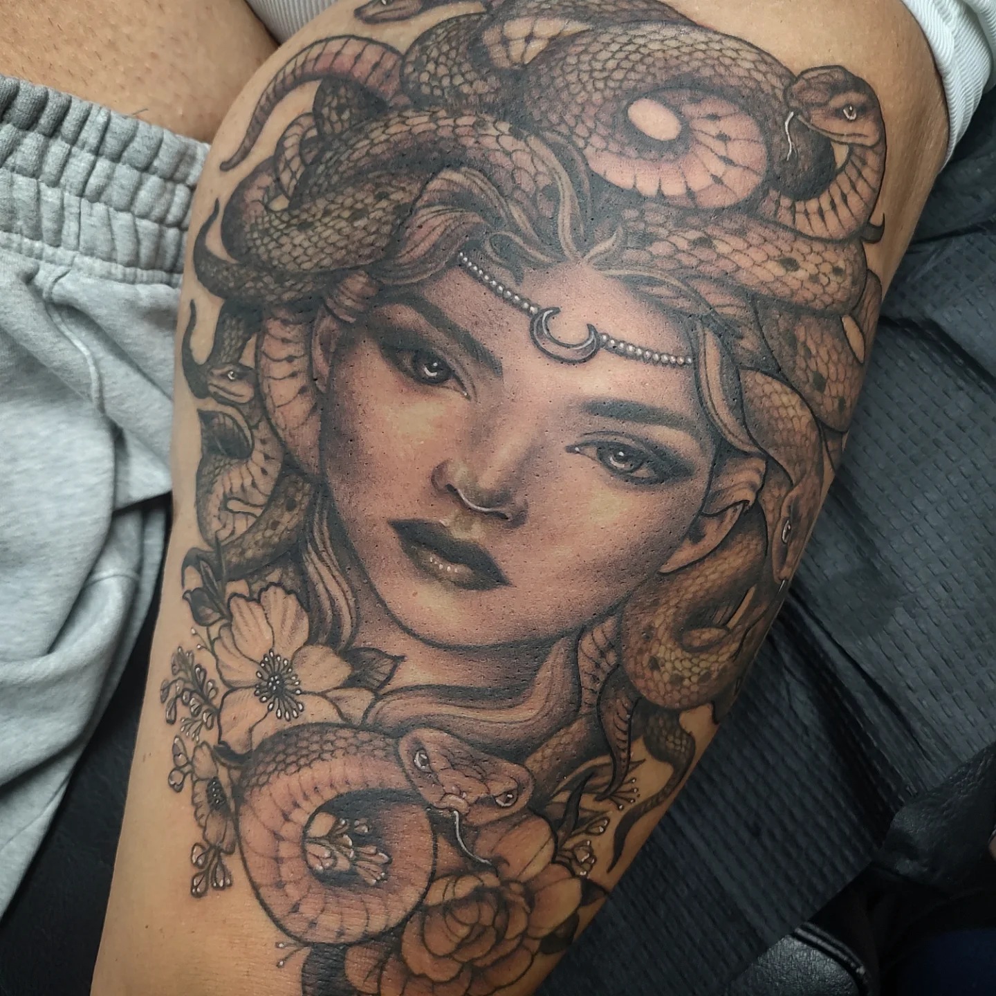 Medusa realism tattoo on the shoulder by Jennifer Fowler