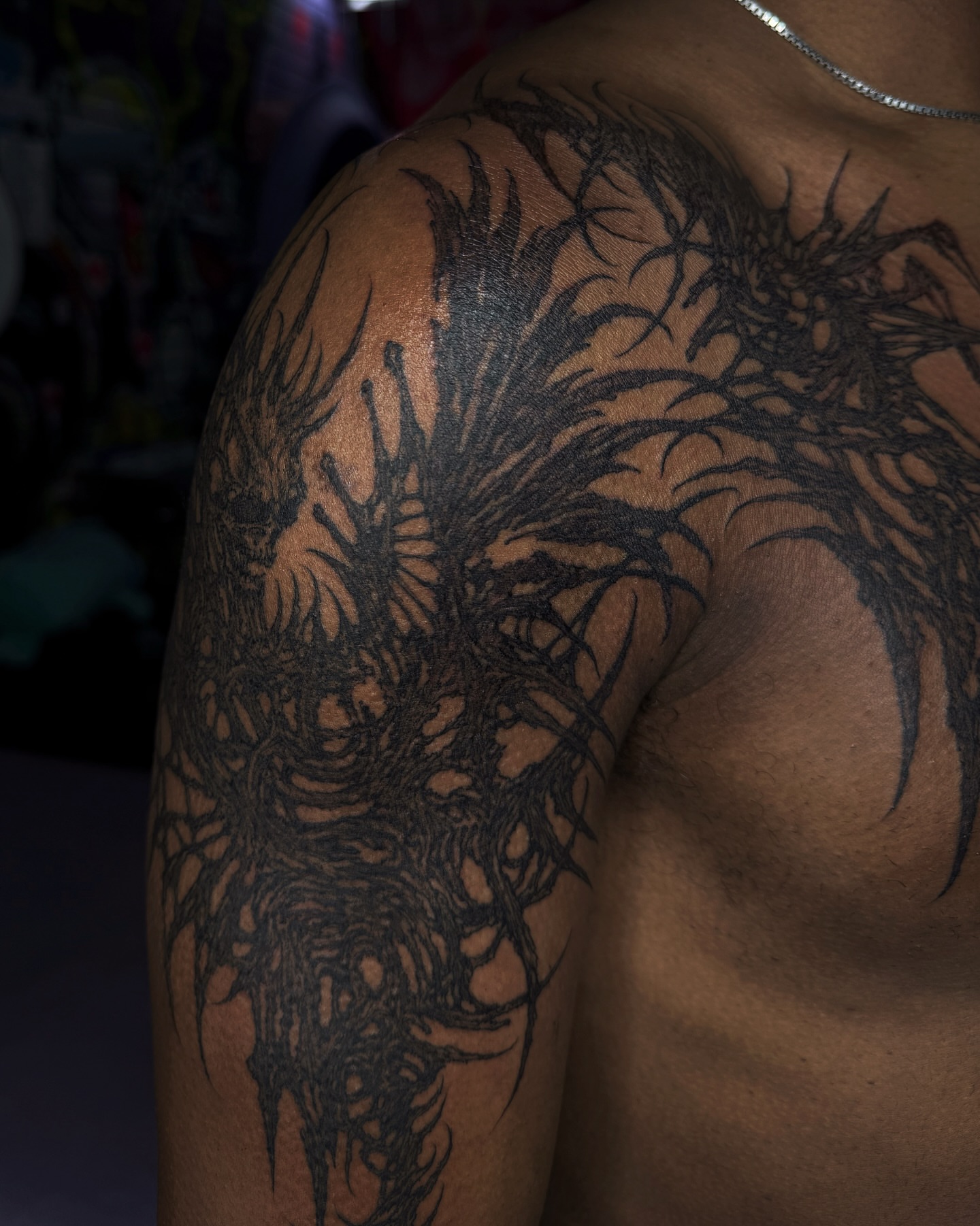 Dragon dark realism tattoo on the shoulder by Penelope