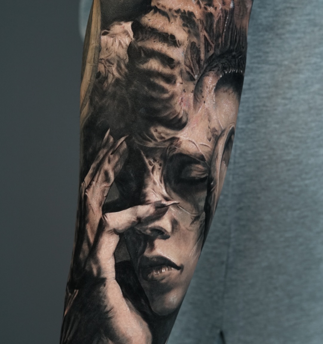 Portrait realism tattoo on the forearm by Jose Carlos