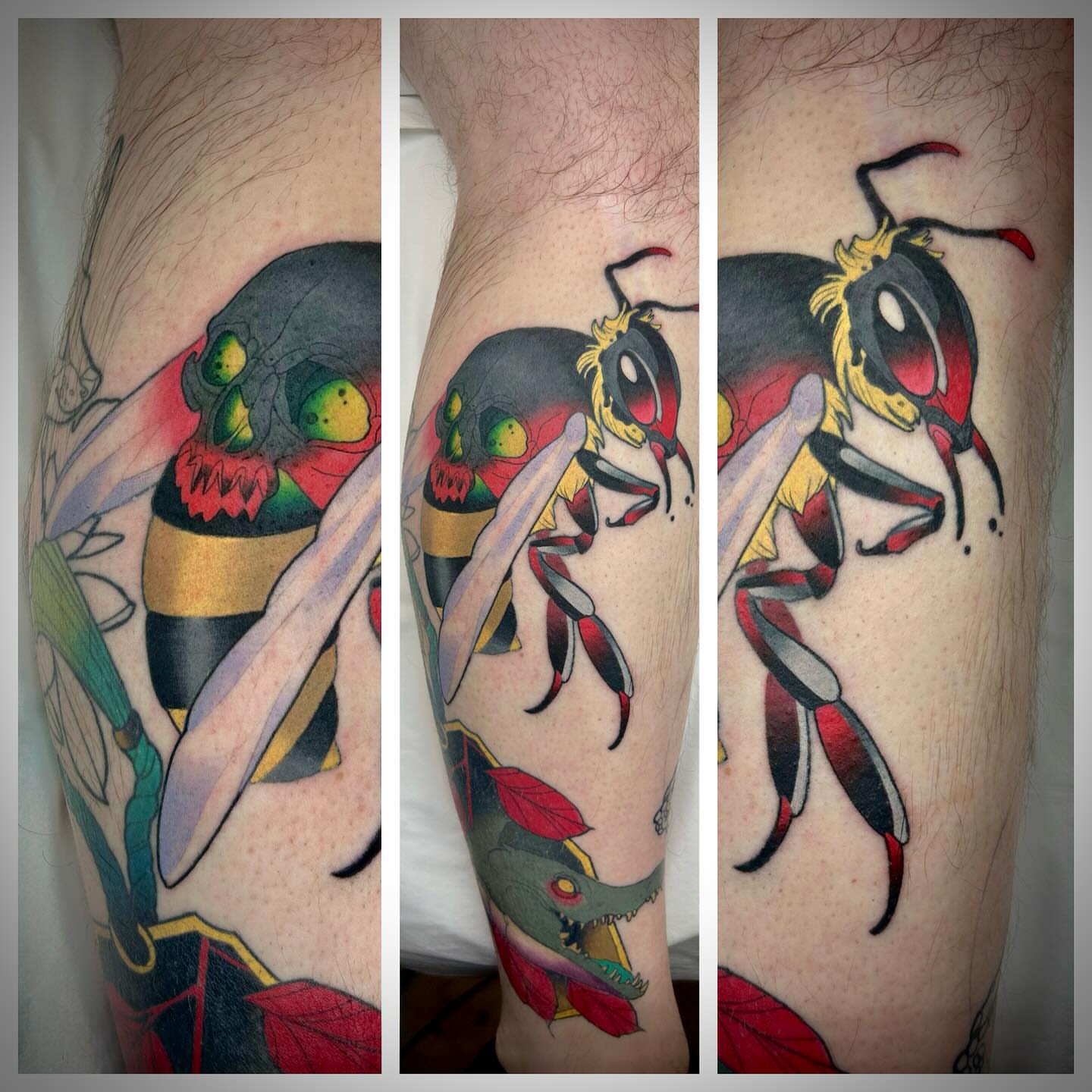 Bee American traditional tattoo on the forearm by Steve Hooker