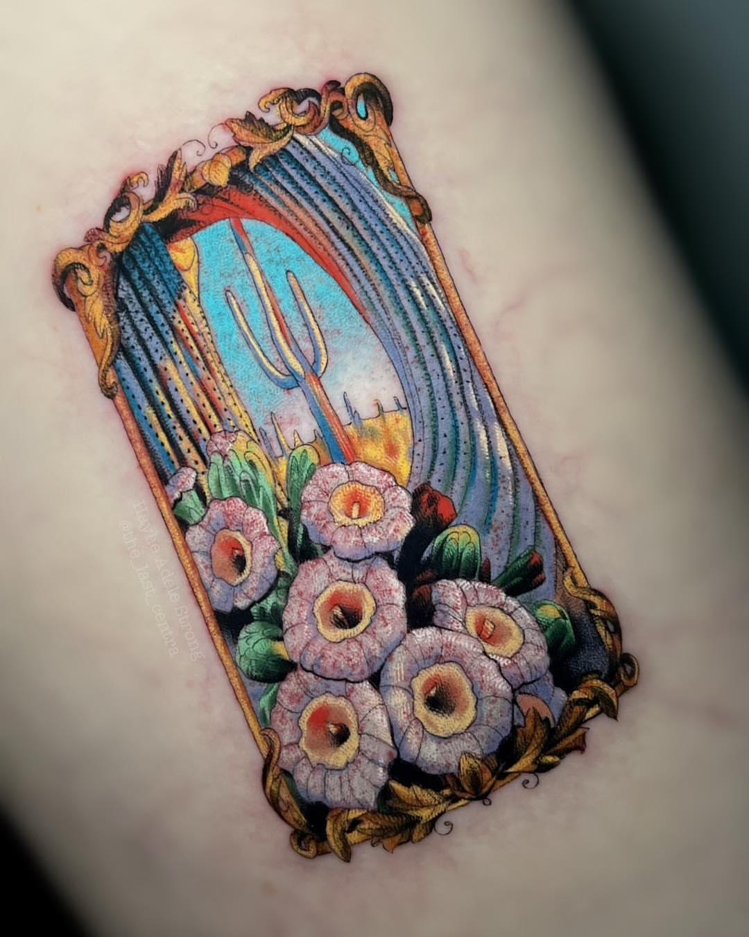 Mirror with flowers new school tattoo on the thigh by Haylie Adele Strong