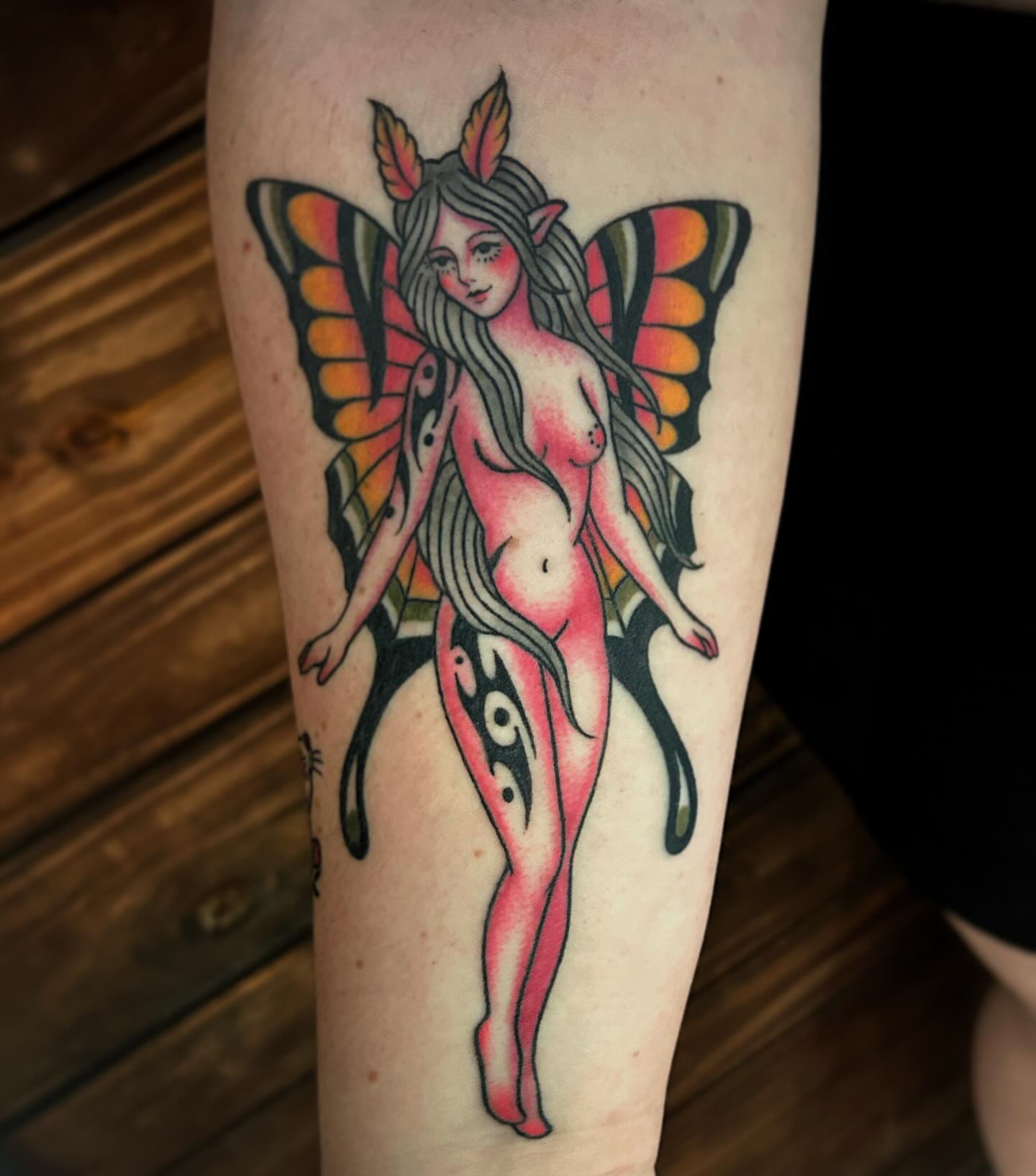 Fairy American traditional tattoo on the forearm by Kayla Shoffner