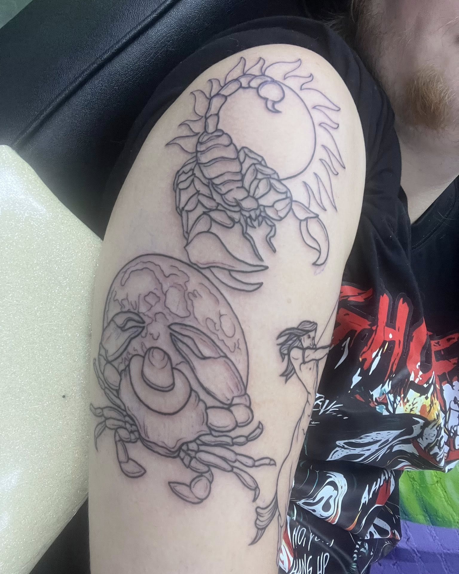 Scorpion and crab black and grey tattoo on the shoulder by Sav