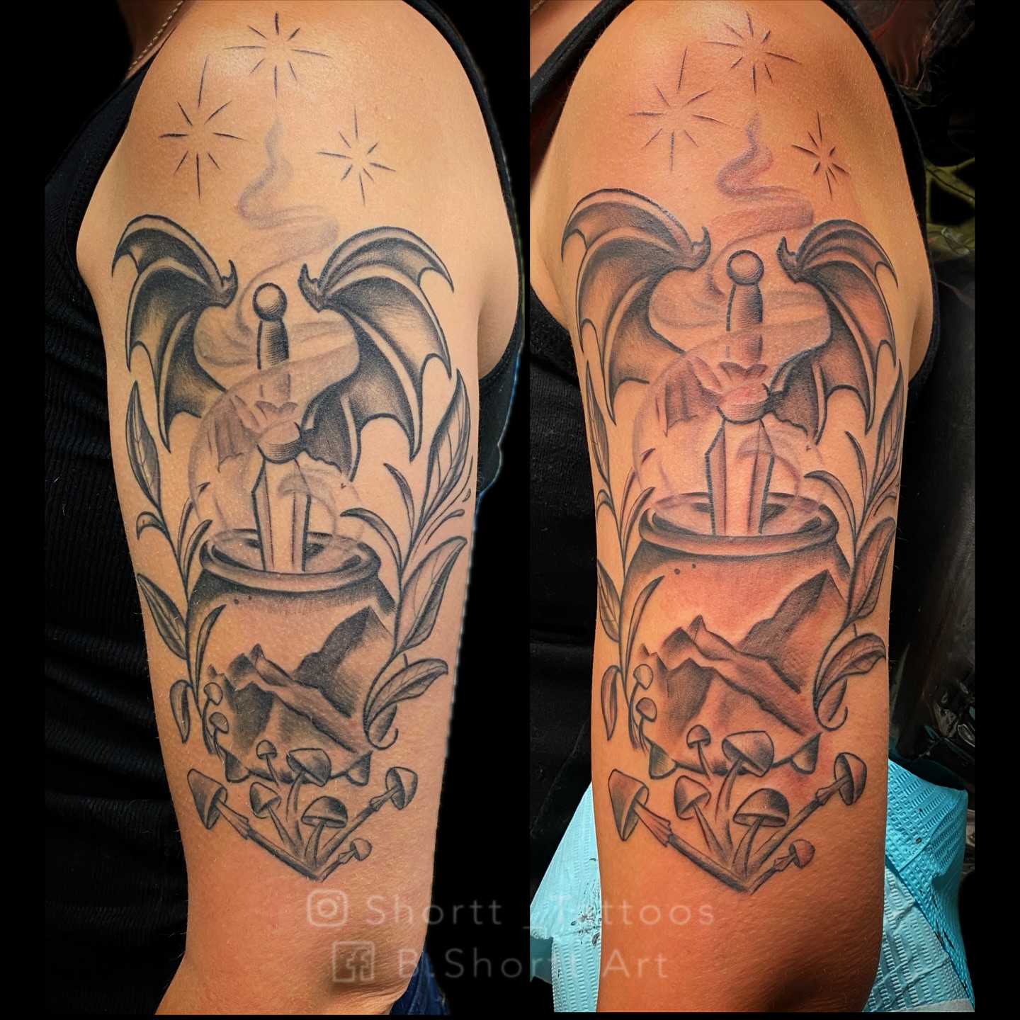 Snow globe with bat black and grey tattoo on the forearm by Brie Marie