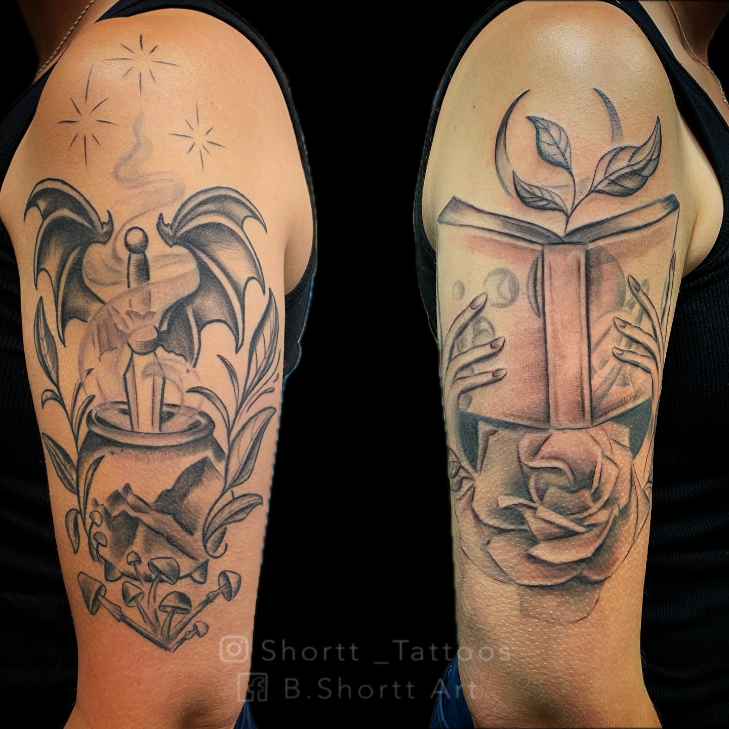 Book and plant realism tattoo on the upper arm by Brie Marie