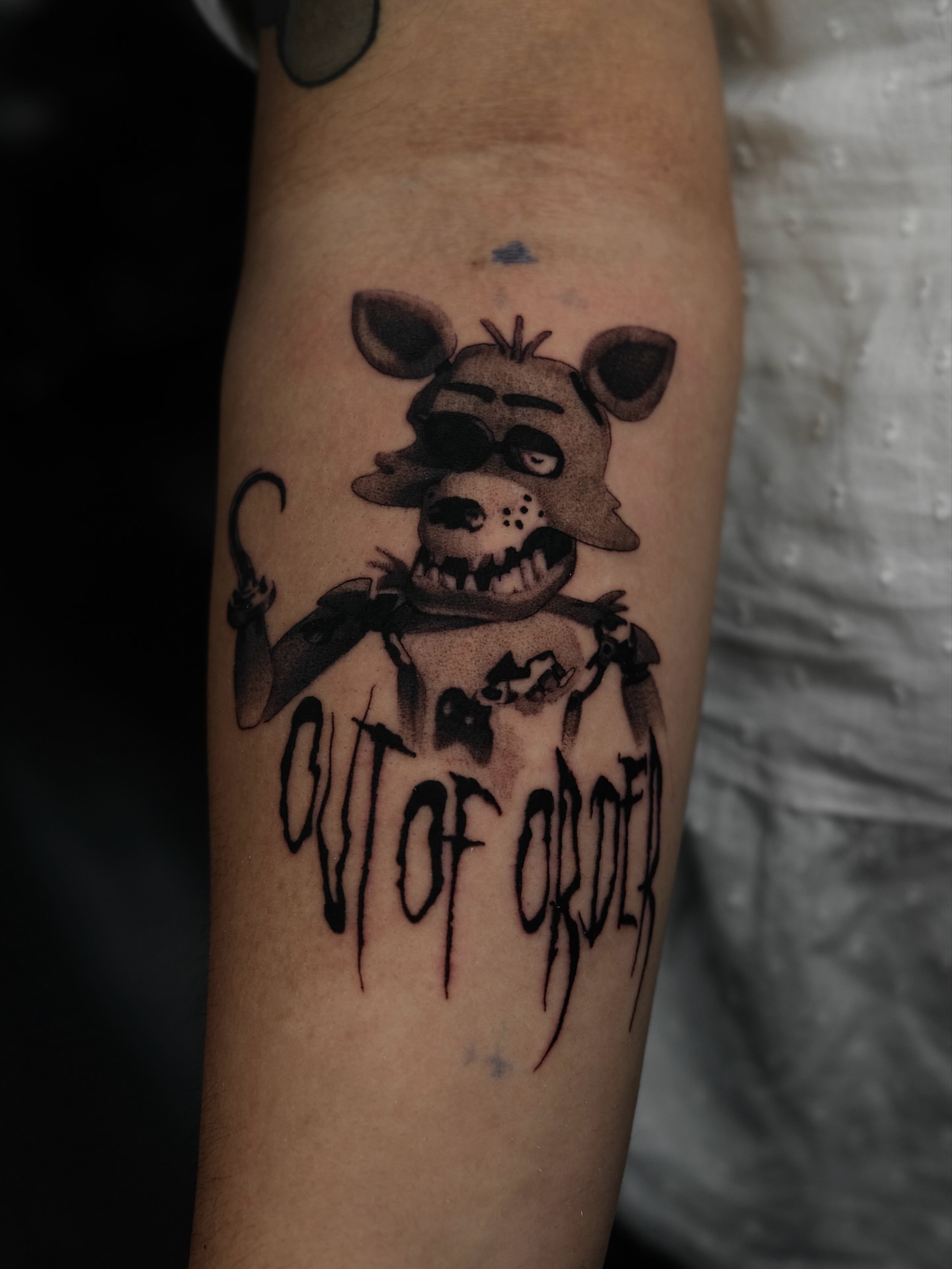 Freddy Fazbear black and grey tattoo on the forearm by belen (bae-lin)🇺🇾, Mesa, Arizona