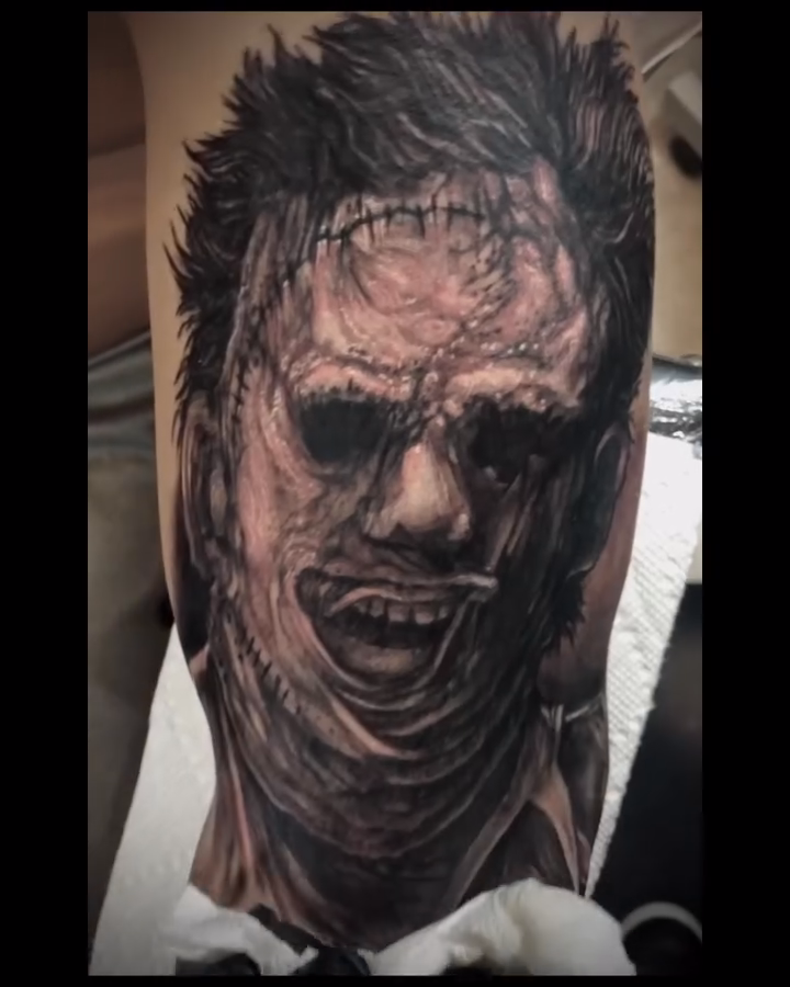 Leatherface mask realism tattoo by Brett Herman, Denver, Colorado