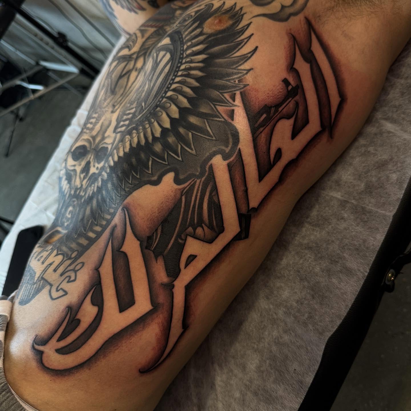 Tattoo by @dopeletterstattoo — american_traditional, black_and_grey