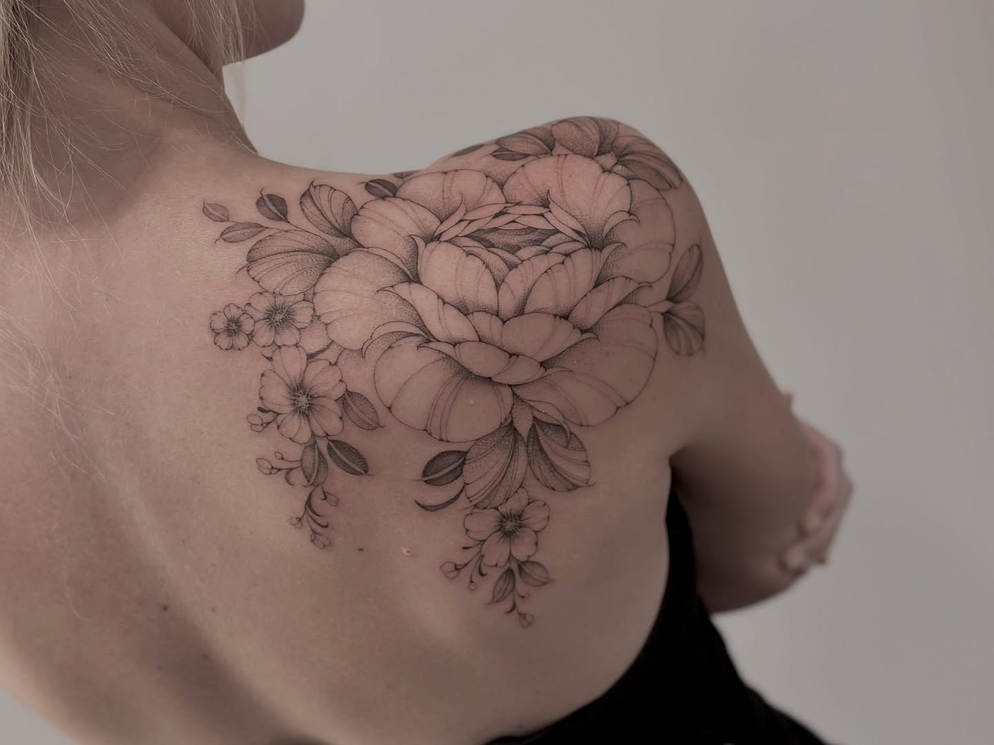 Floral bouquet black and grey tattoo on the shoulder by ᴍɪᴄʜᴇʟʟᴇ, New York, New York