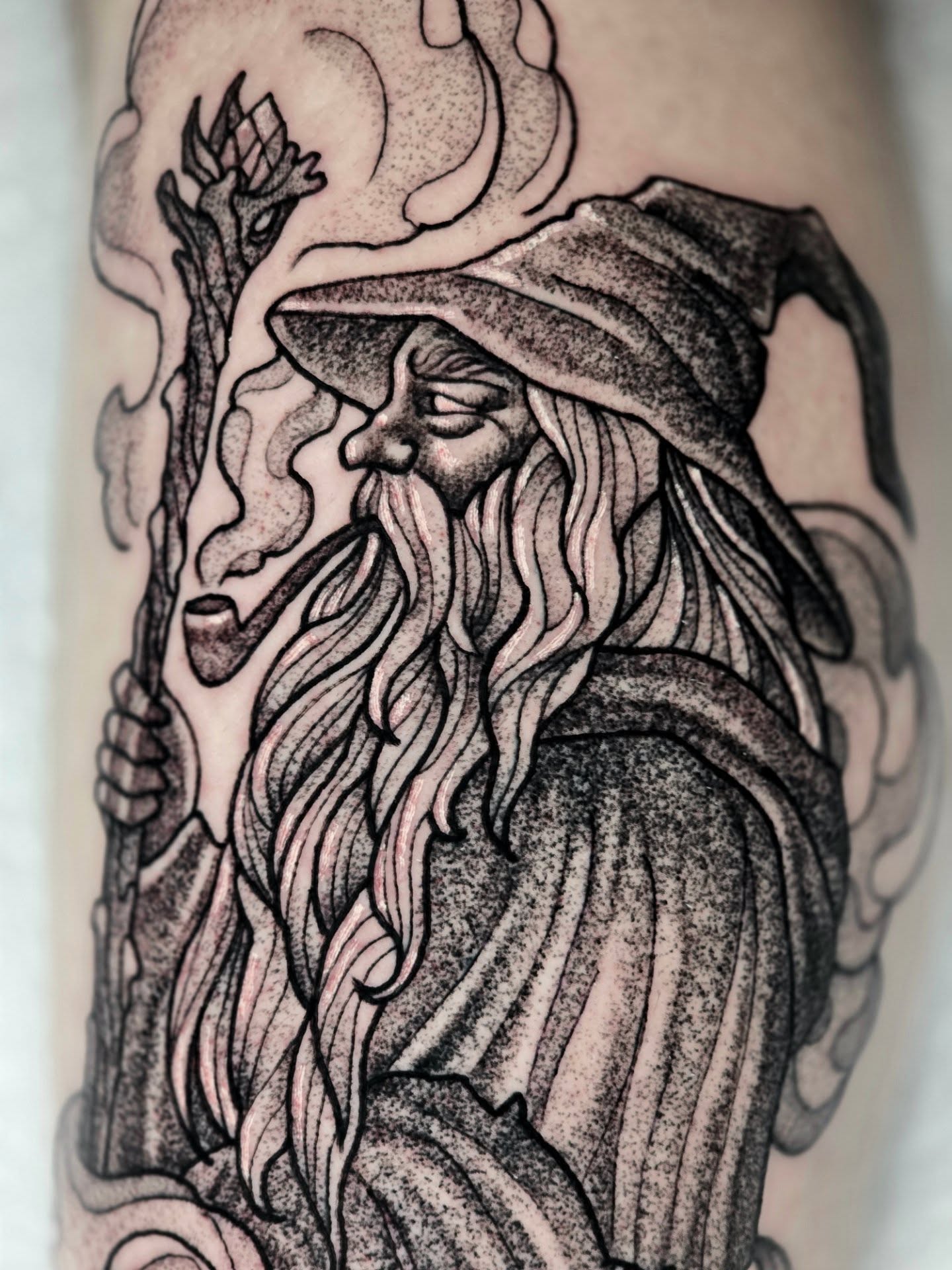 Wizard dotwork tattoo on the forearm by Adison Essig