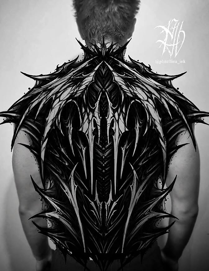 Spine tattoo blackwork tattoo on the back by Dark Gothic Tattoo