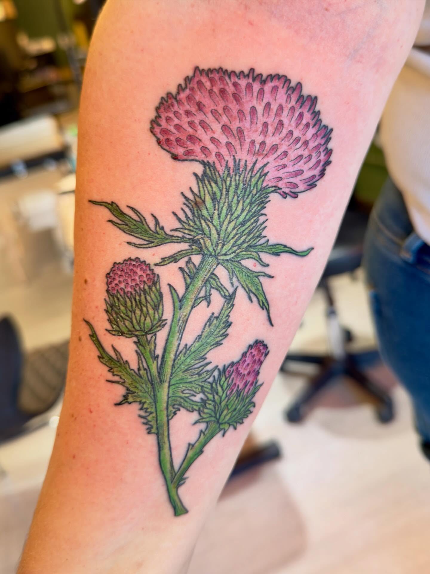 Thistle realism tattoo on the forearm by Patrick Carroll