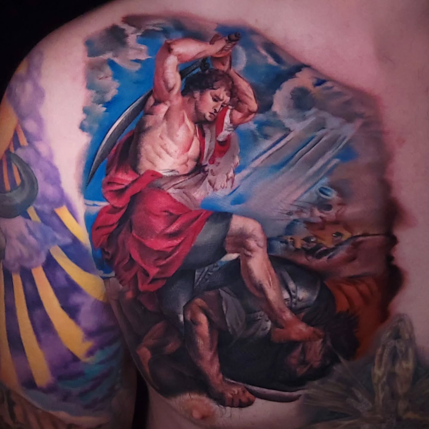 Mythological battle scene realism tattoo on the back by Joseph J Tattooart Denver, Lakewood, Colorado
