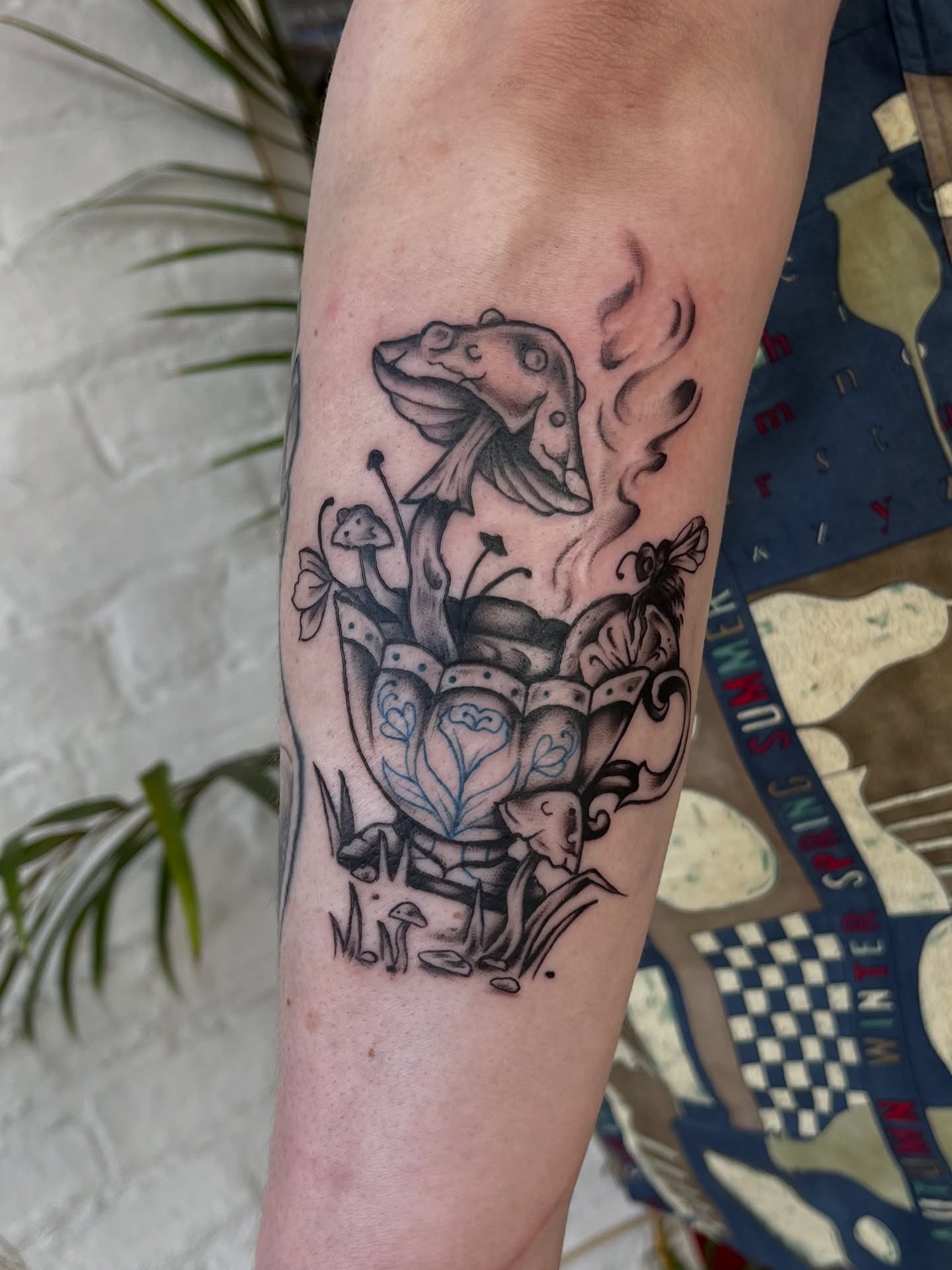 Mushroom and knight black and grey tattoo on the forearm by ✨ Chris ✨