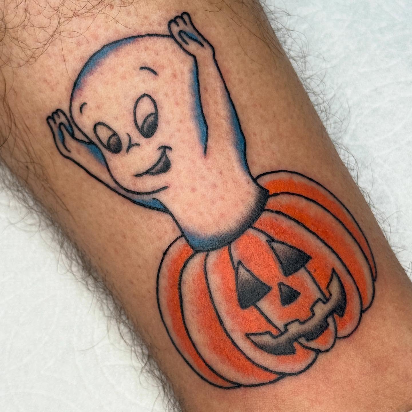 Casper ghost American traditional tattoo on the forearm by chloe jeanel estrada