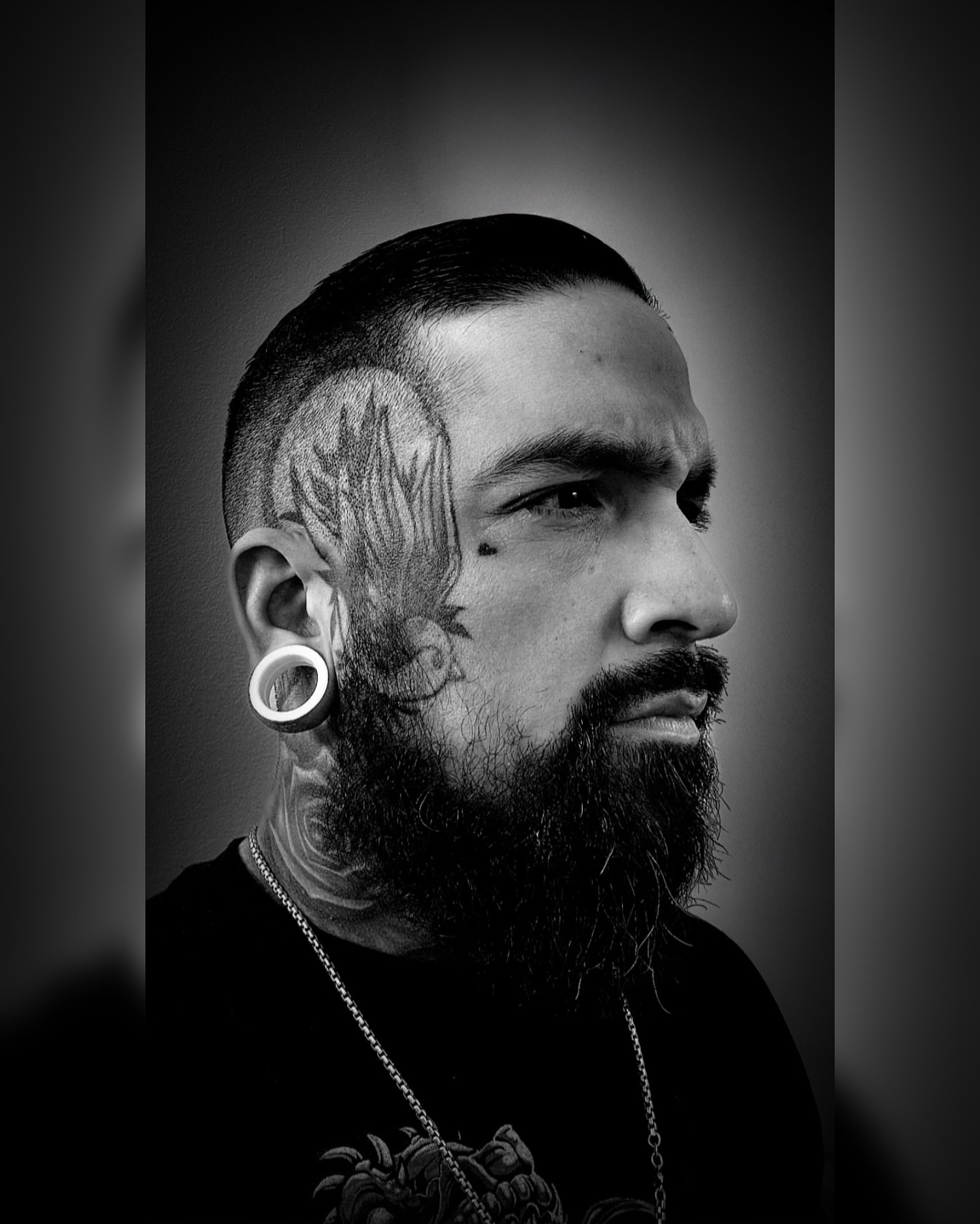 Beard and ear tattoo black and grey tattoo on the head by Ricky Salinas Jr. π€, San Antonio, Texas