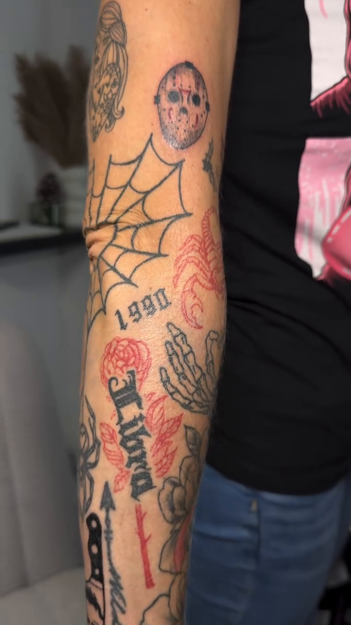 Scream mask and rose American traditional tattoo on the forearm by Victoria