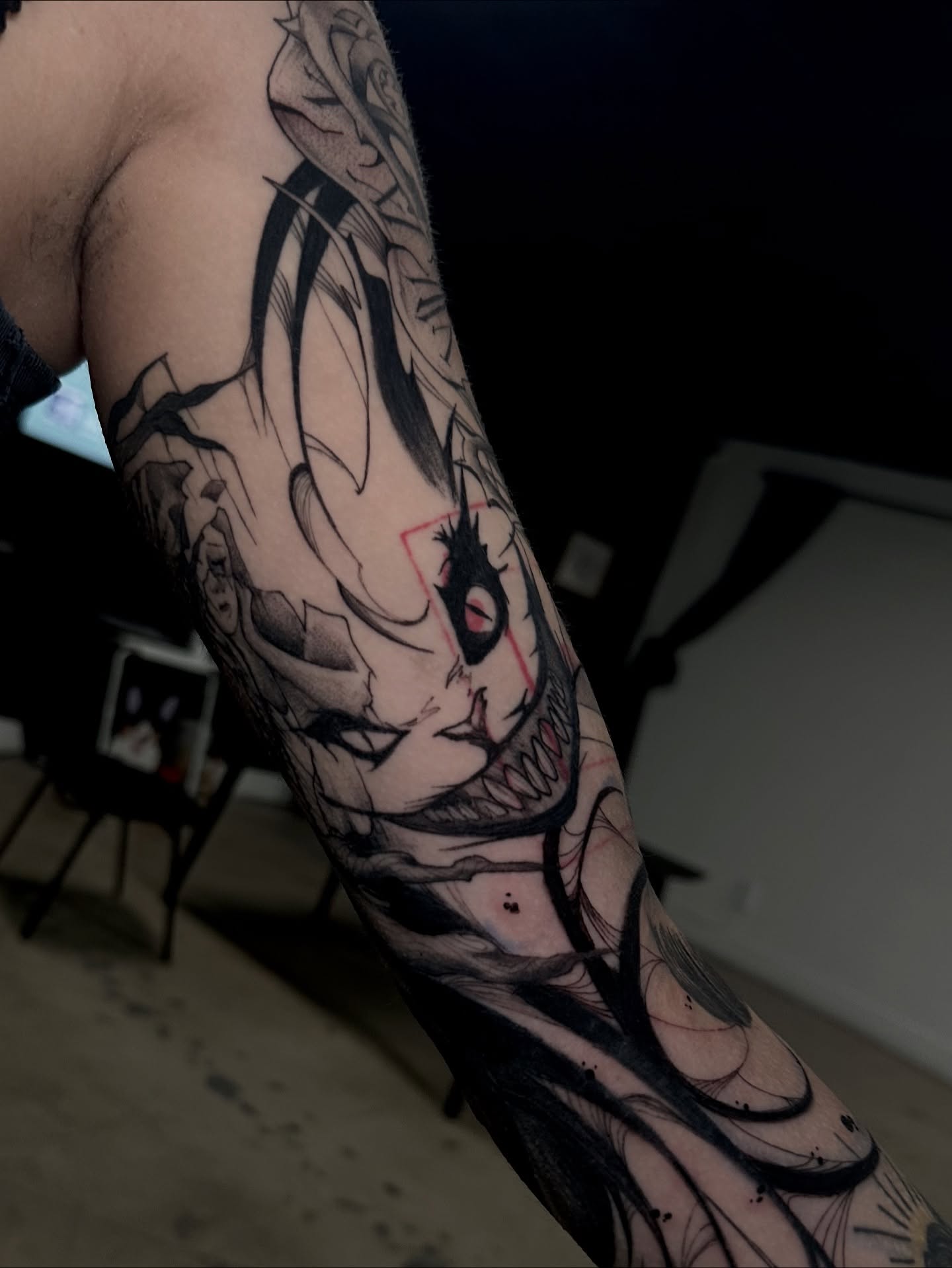 Demon dark realism tattoo on the forearm by Crystal, Las Vegas, Nevada