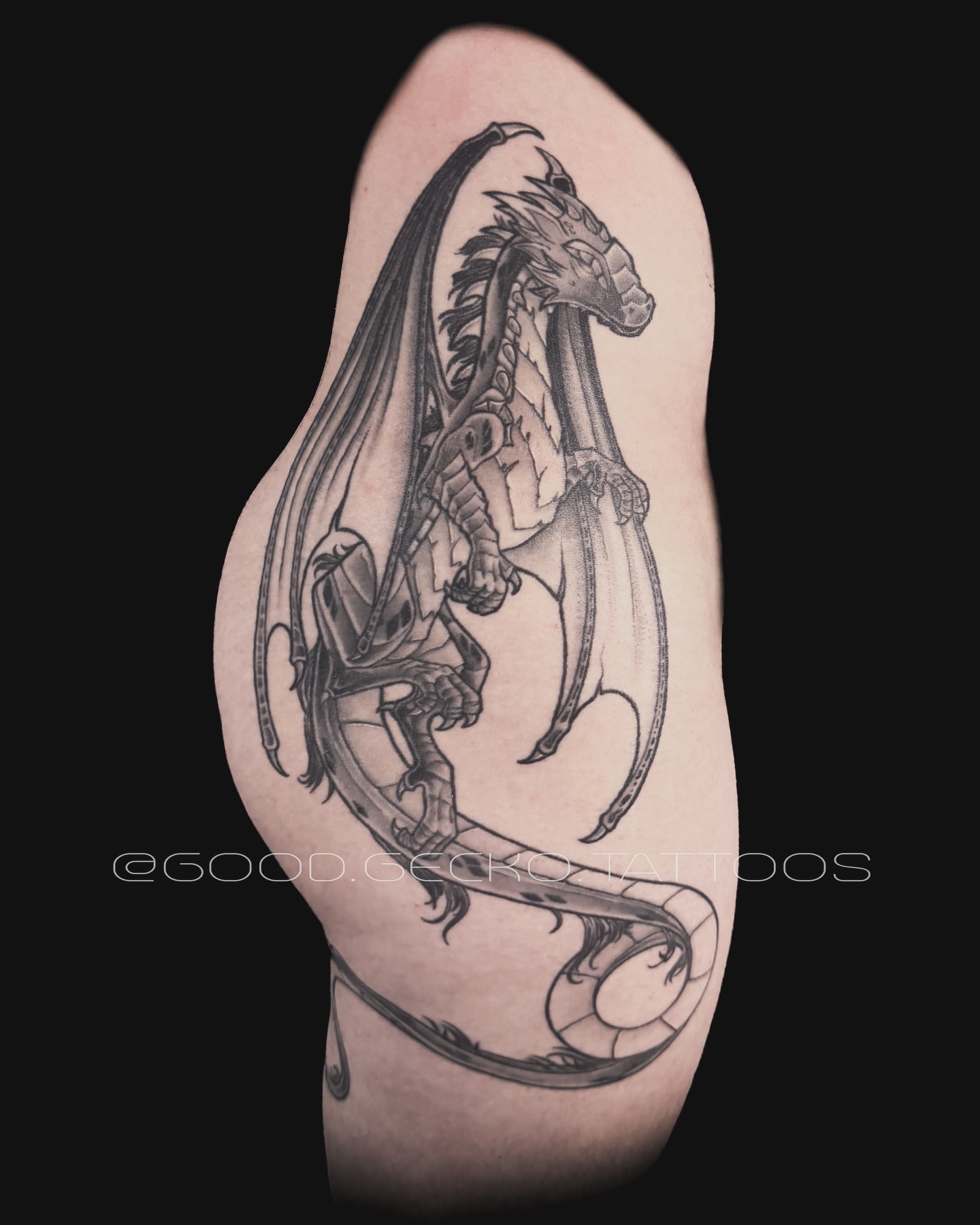 Tattoo by @good.gecko.tattoos — black_and_grey