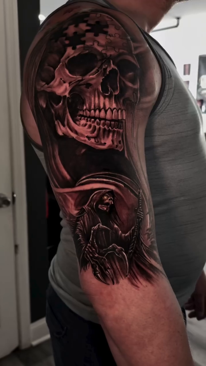 Skull and grim reaper dark realism tattoo by Miguel Garcia