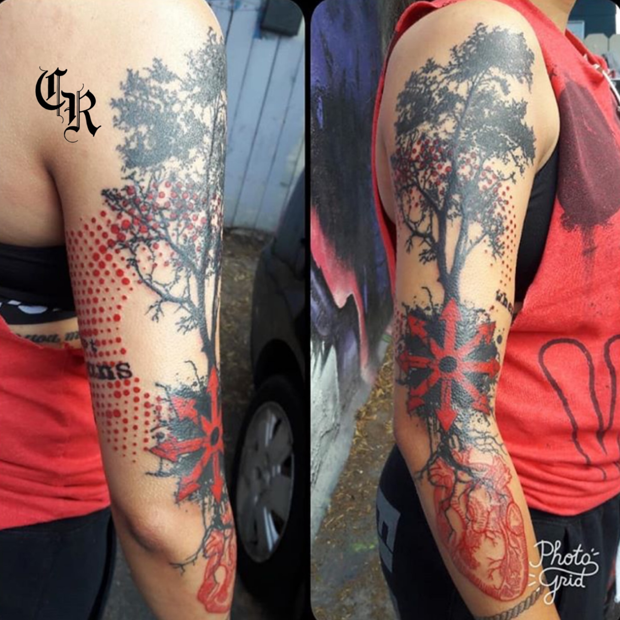 Tree with red flowers dotwork tattoo on the upper arm by San Diego Tattoo Artist