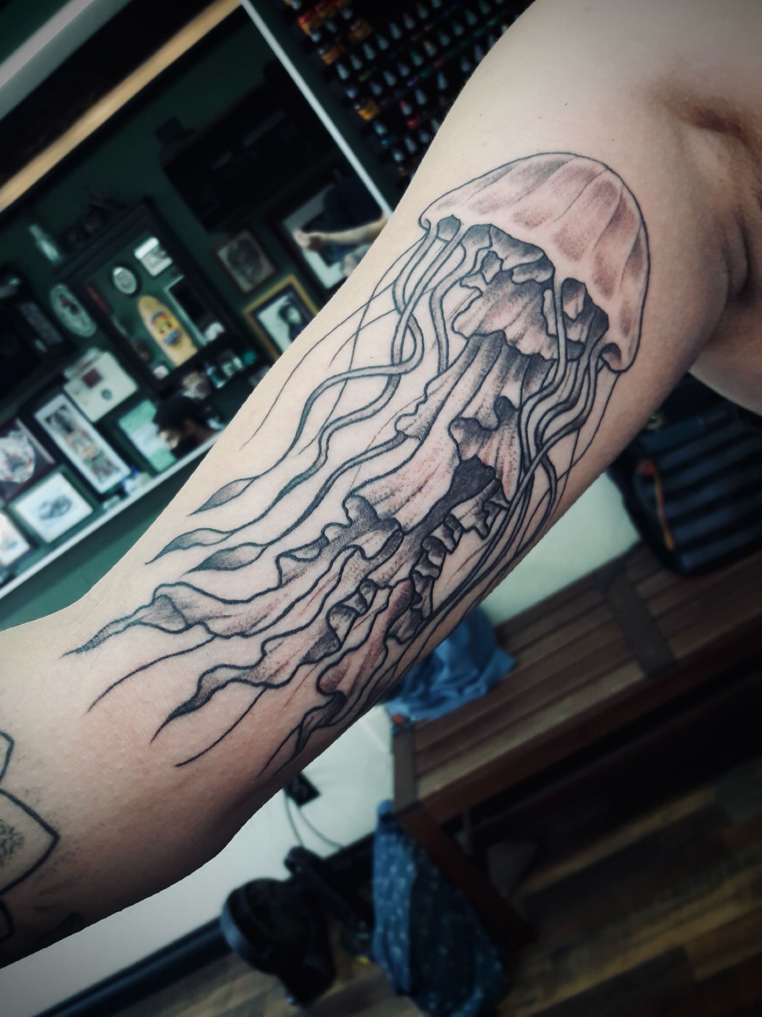 Jellyfish black and grey tattoo on the forearm by San Diego Tattoo Artist