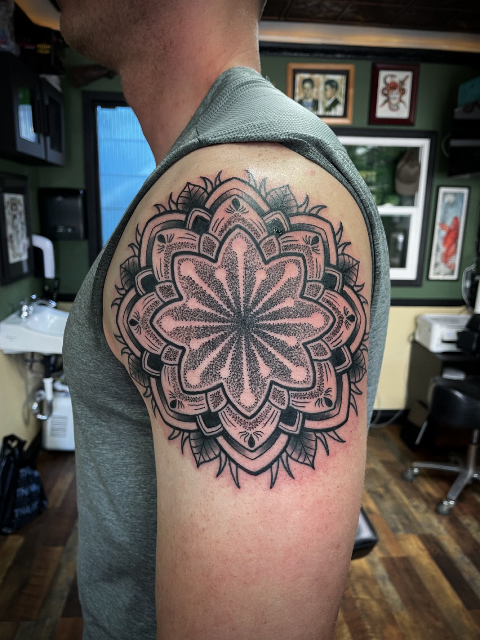 Mandala dotwork tattoo on the shoulder by San Diego Tattoo Artist