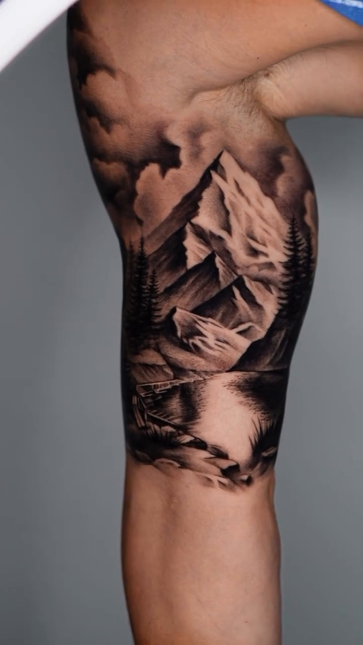 Mountain landscape realism tattoo by Tattoo Artist Miami & la, Hollywood, Florida