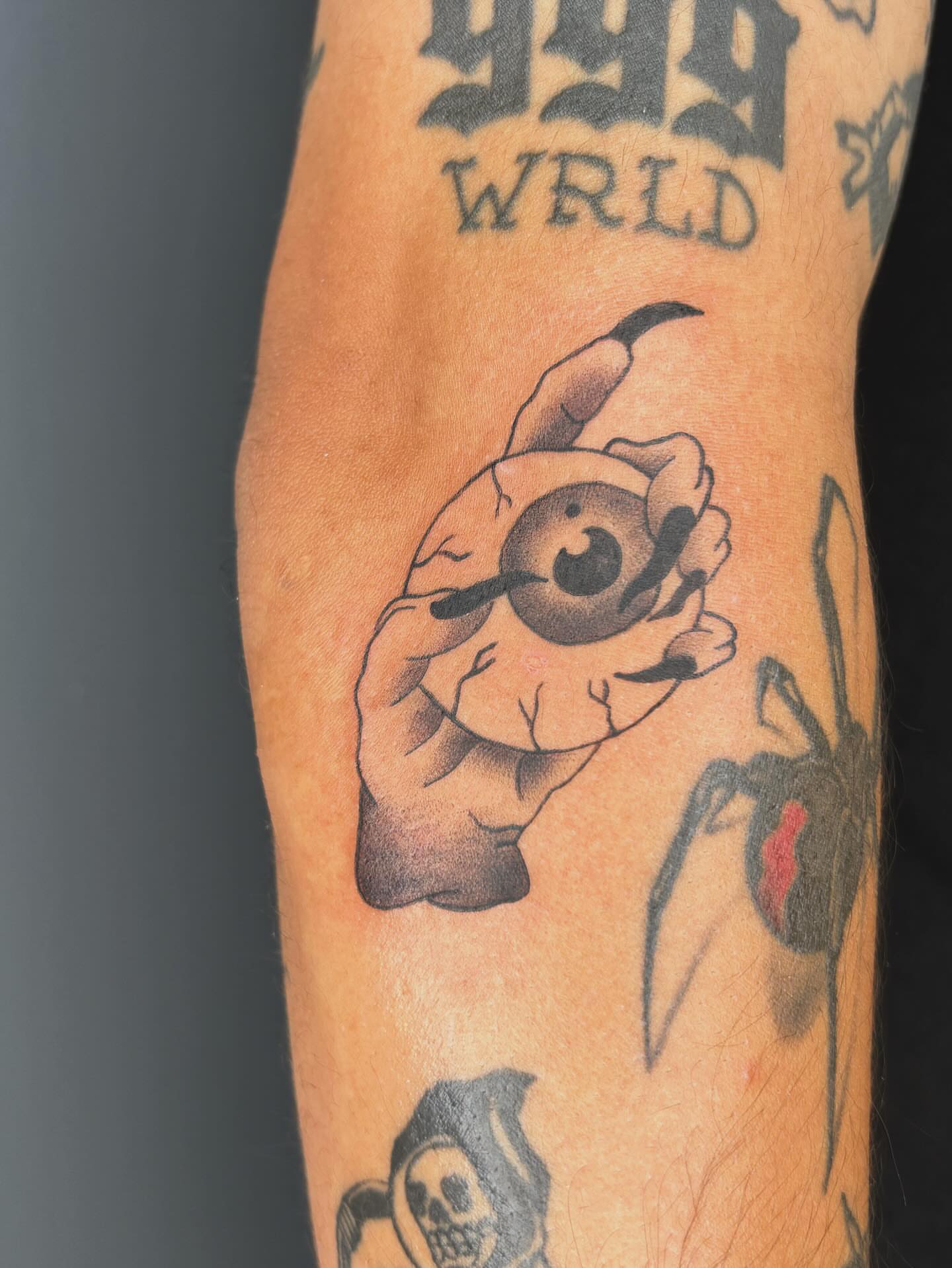 Eyeball black and grey tattoo on the forearm by ꜱʜɪʀʟᴇʏ