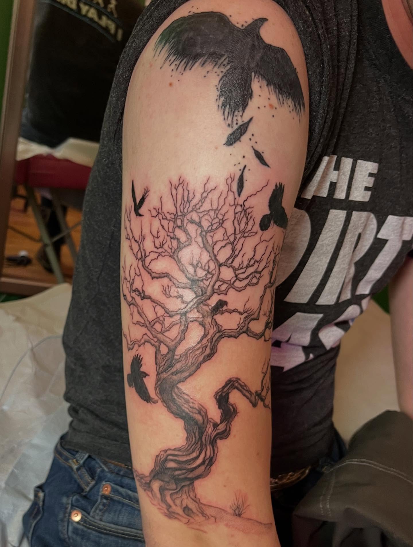 Tree with crows realism tattoo on the forearm by Caitlin, Richmond, Virginia