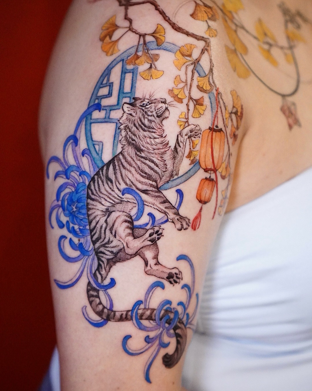 Tiger and lanterns japanese irezumi tattoo on the shoulder by 🌛 Lê Huỳnh🌜, Dallas, Texas