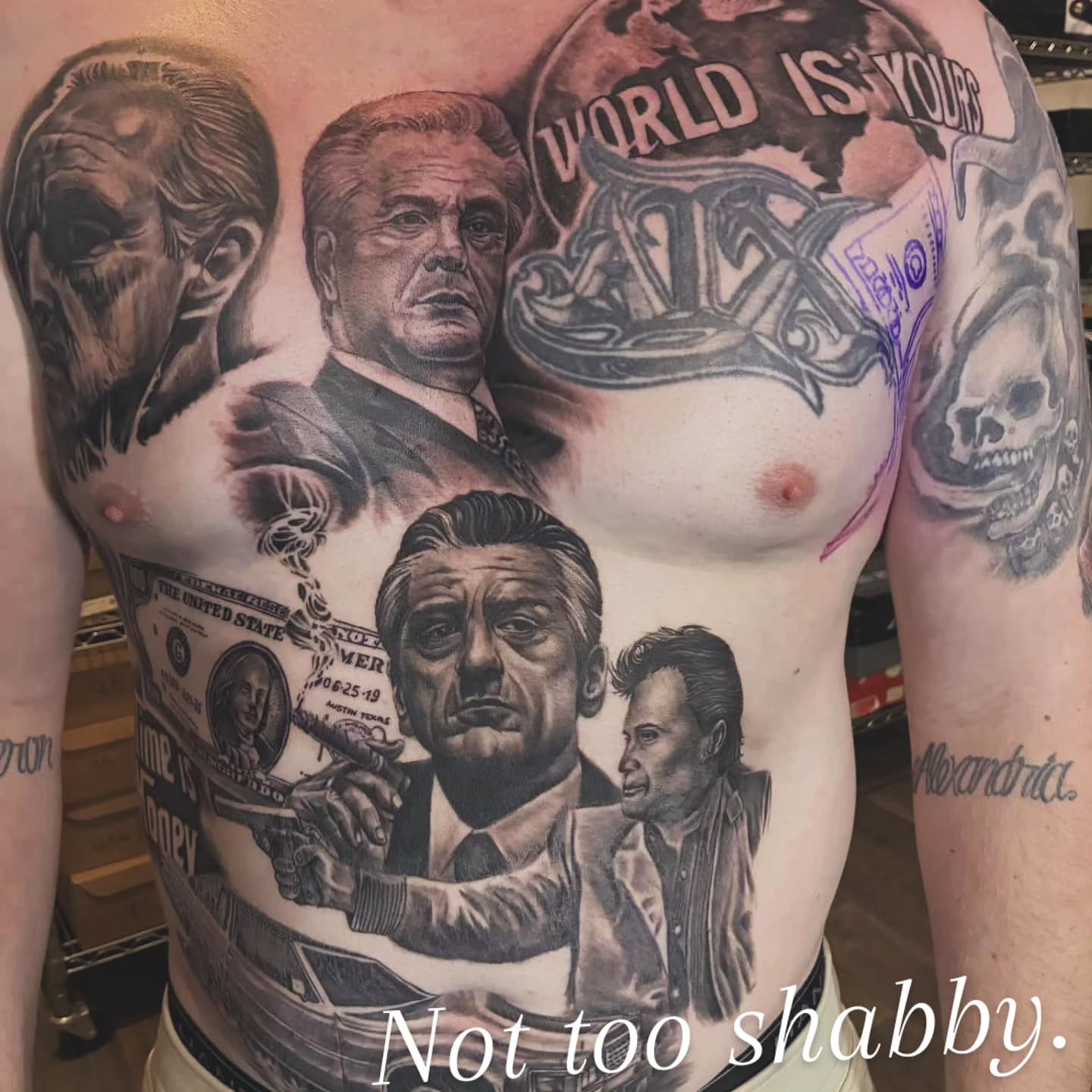 The godfather characters realism tattoo on the chest by Beto Tats, Round Rock, Texas