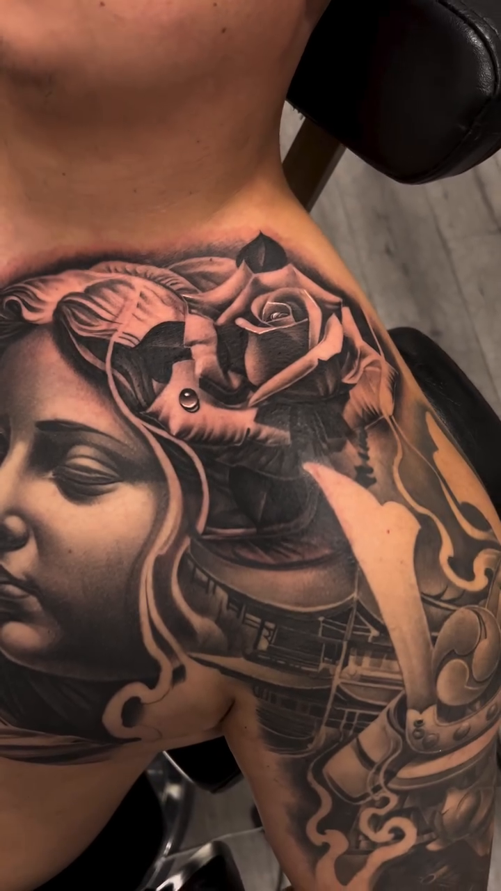 Praying woman with roses realism tattoo by Antonio Pavić, Los Angeles, California