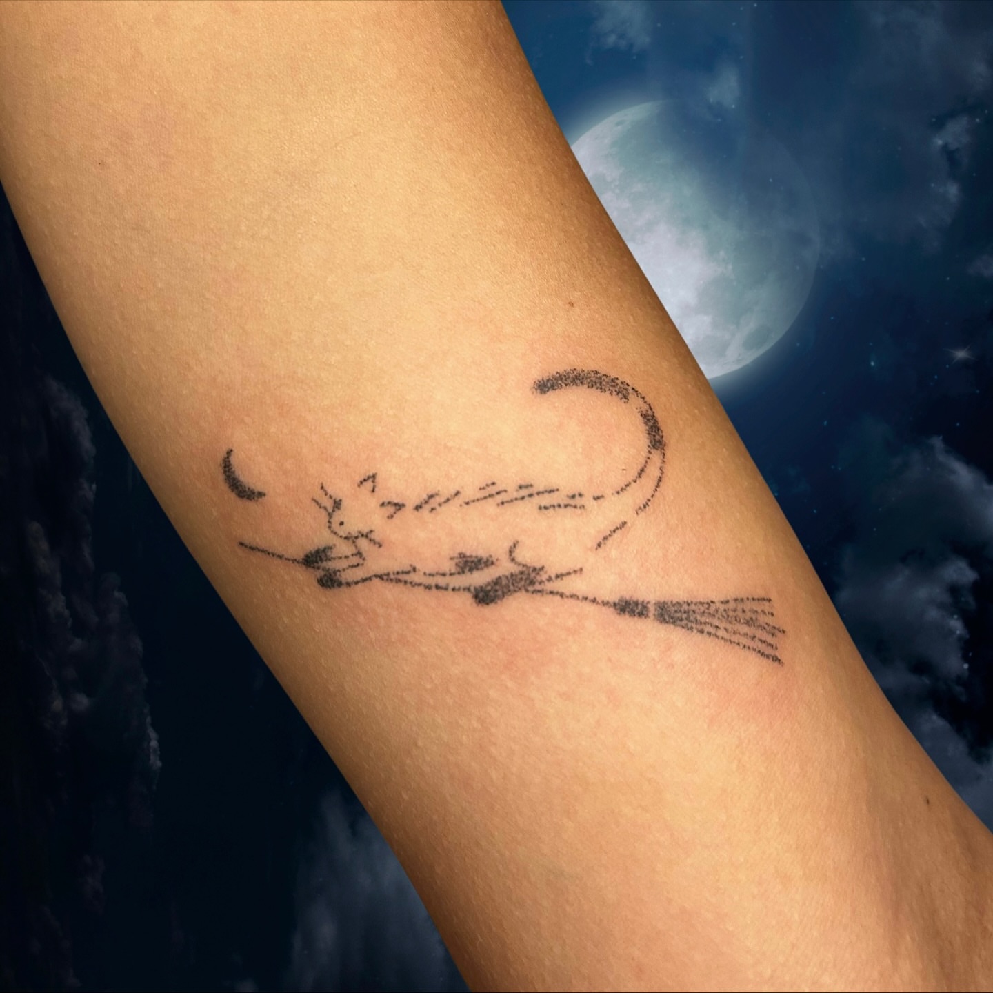 Witch flying on broomstick dotwork tattoo on the forearm by wanderfernfairy