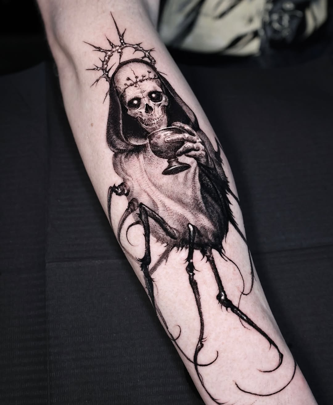 Grim reaper with cup dark art tattoo on the forearm by Anna Chernova, San Francisco, California