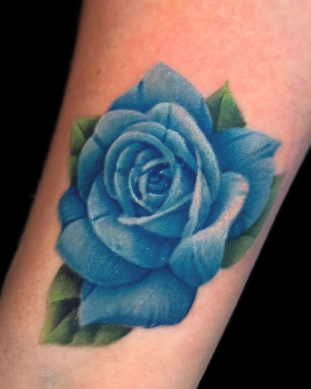 Blue rose realism tattoo on the forearm by James Hall