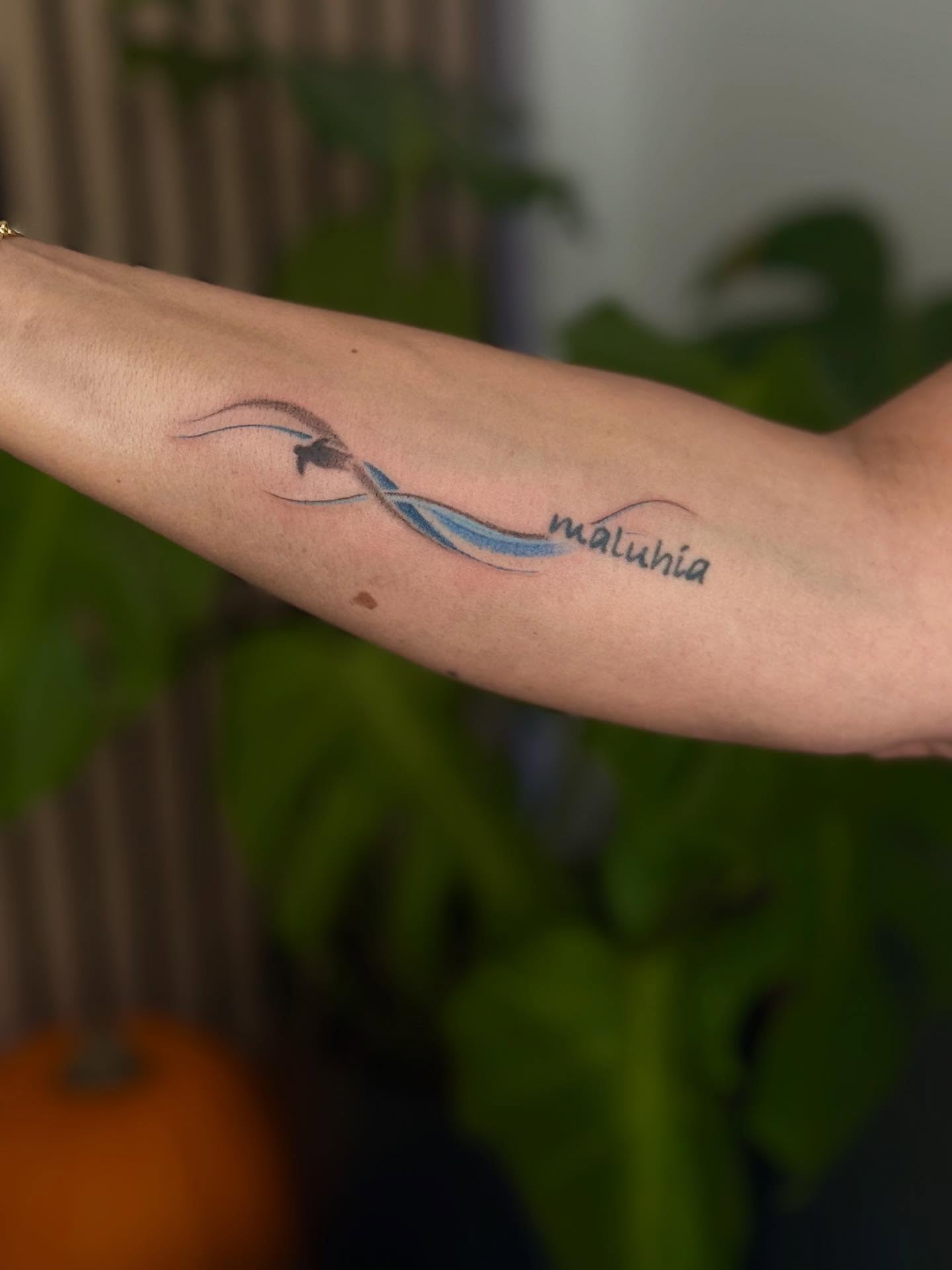 Waves and name fine line tattoo on the forearm by thuy (twee) <3, San Jose, California