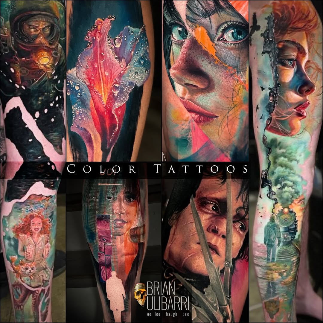 Collage of various realistic tattoos watercolor tattoo on the forearm by Brian Ulibarri