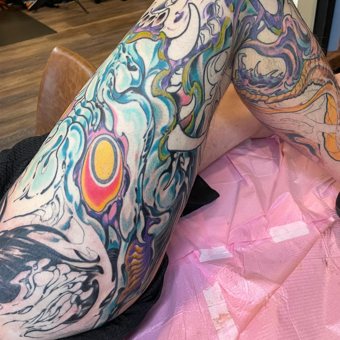 Abstract design new school tattoo on the thigh by Billy Haines