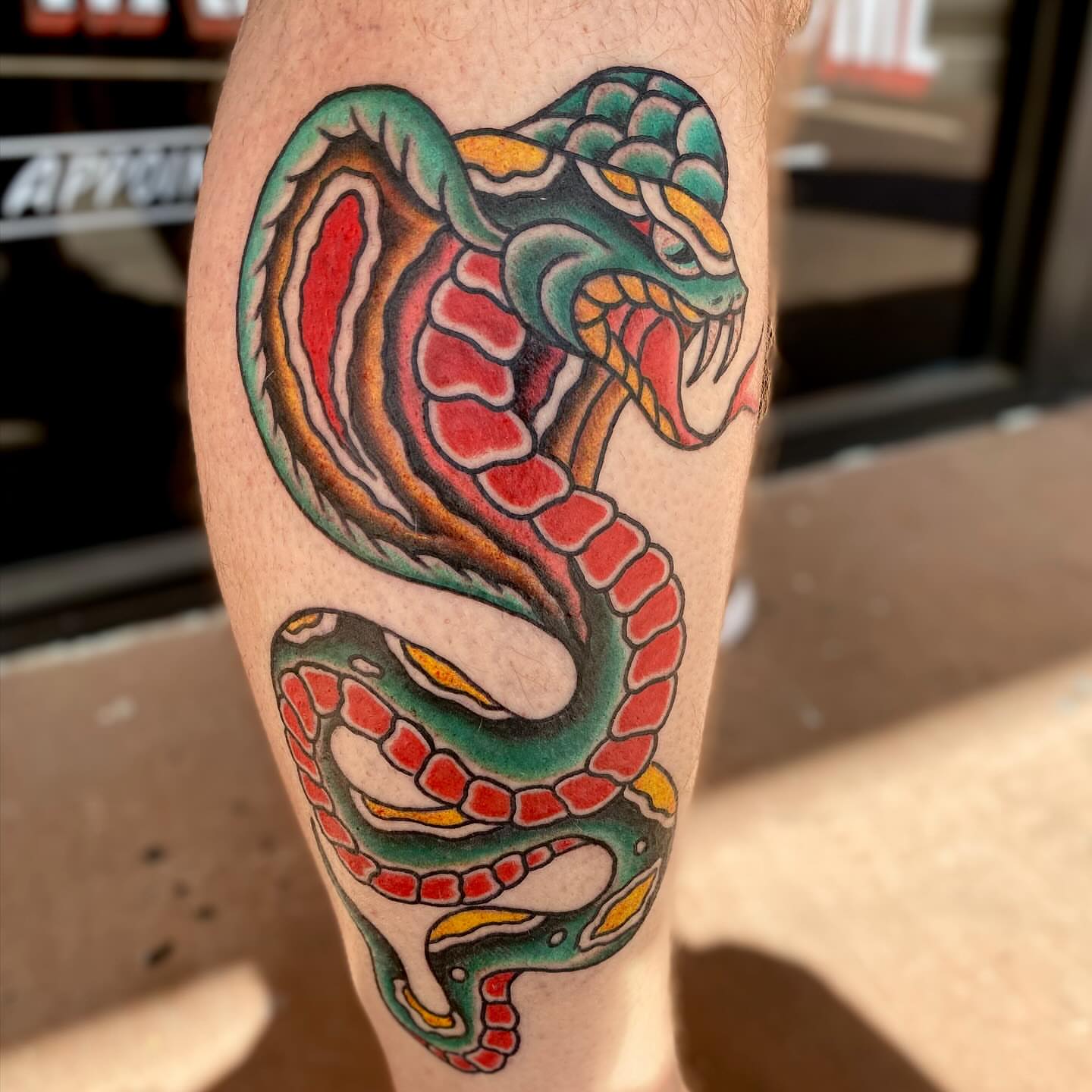 Snake American traditional tattoo on the forearm by Las Vegas Tattoo Artist