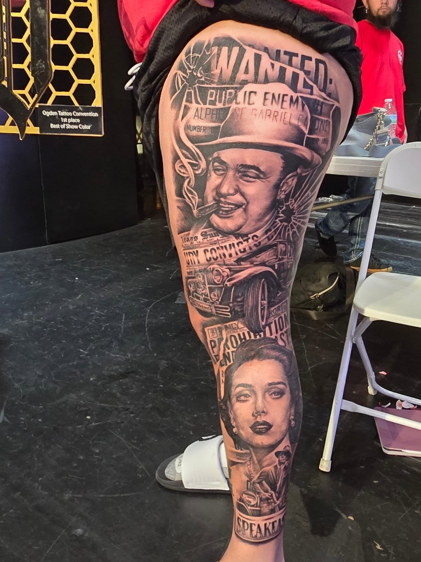 Gangster and prohibition era woman realism tattoo on the leg by Jack Daniel Knowlden