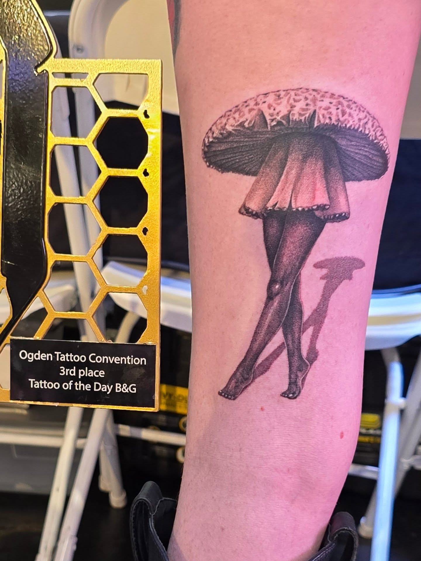 Mushroom legs realism tattoo on the forearm by Jack Daniel Knowlden