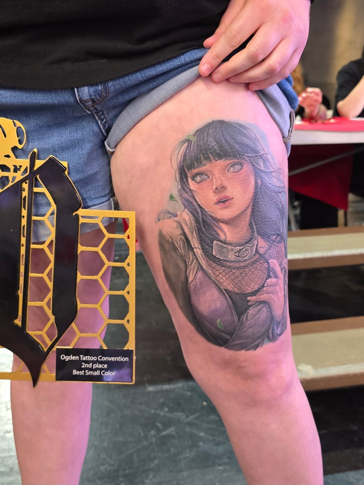 Anime character realism tattoo on the thigh by Jack Daniel Knowlden