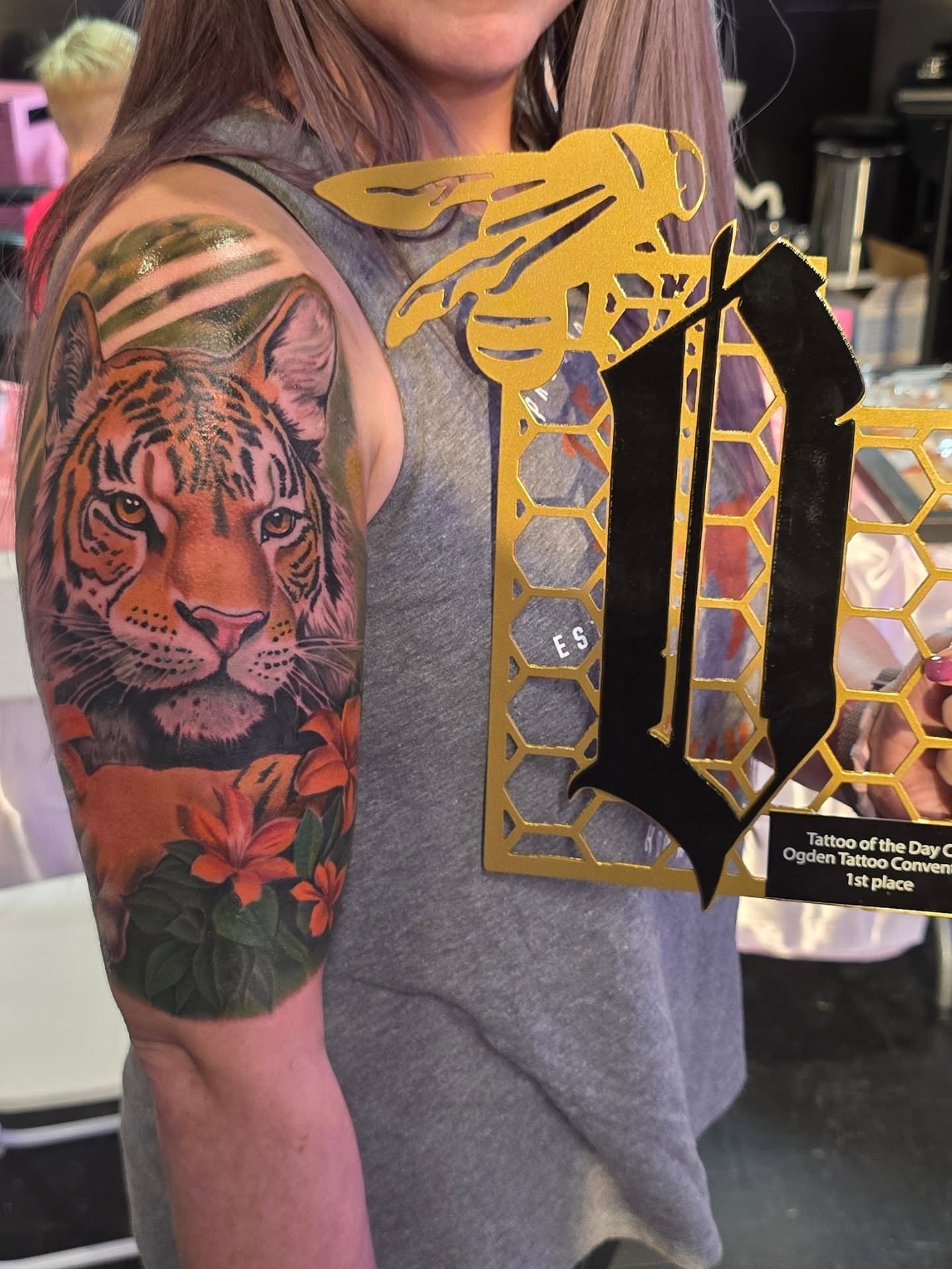 Tiger realism tattoo on the upper arm by Jack Daniel Knowlden