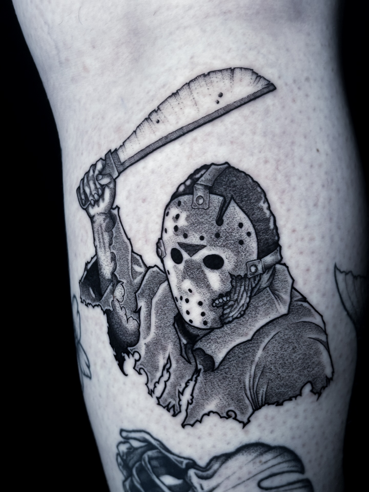 Jason voorhees realism tattoo on the forearm by Noah Dang Ink