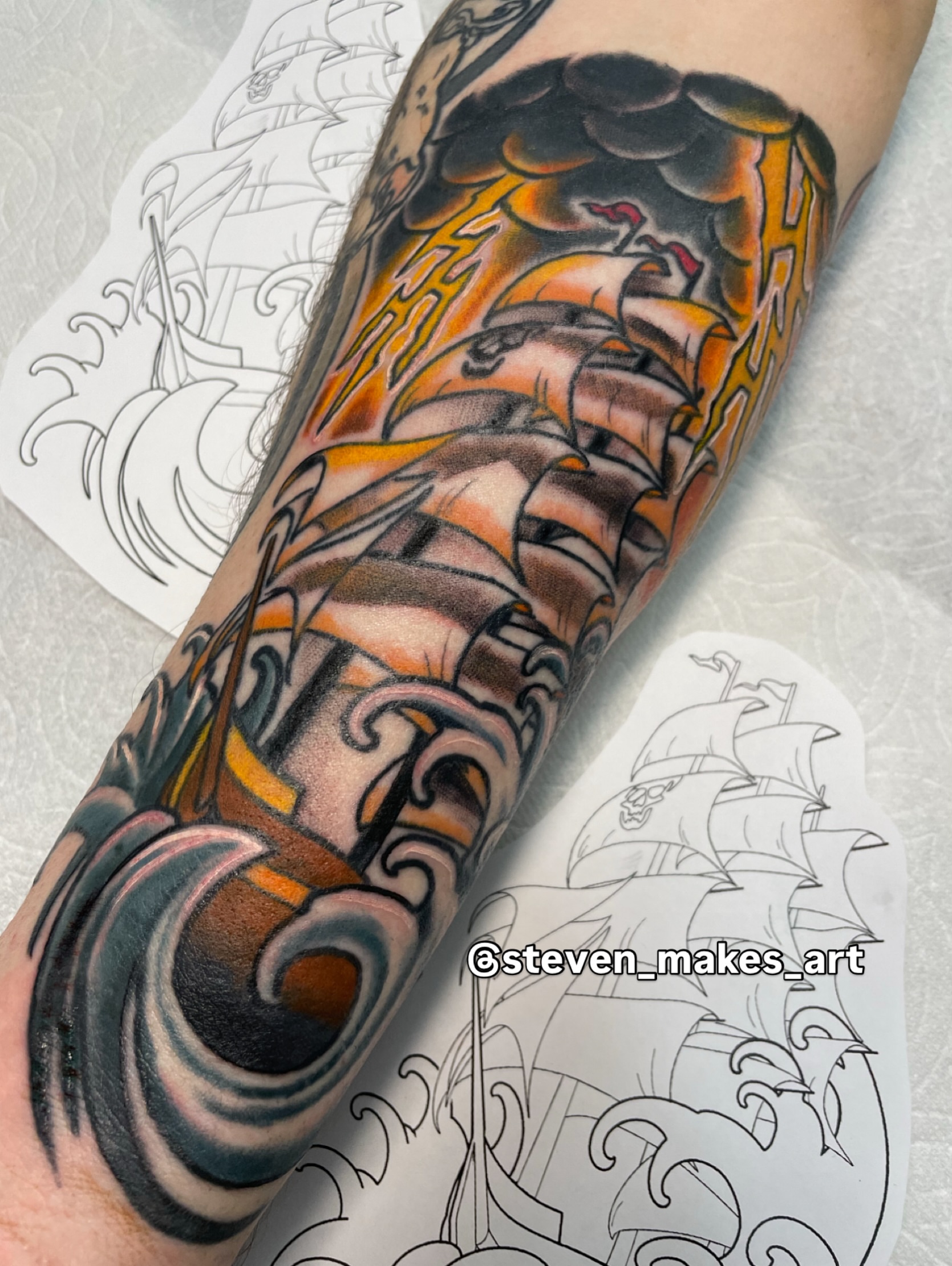 Pirate ship American traditional tattoo on the forearm by Steven Hodges