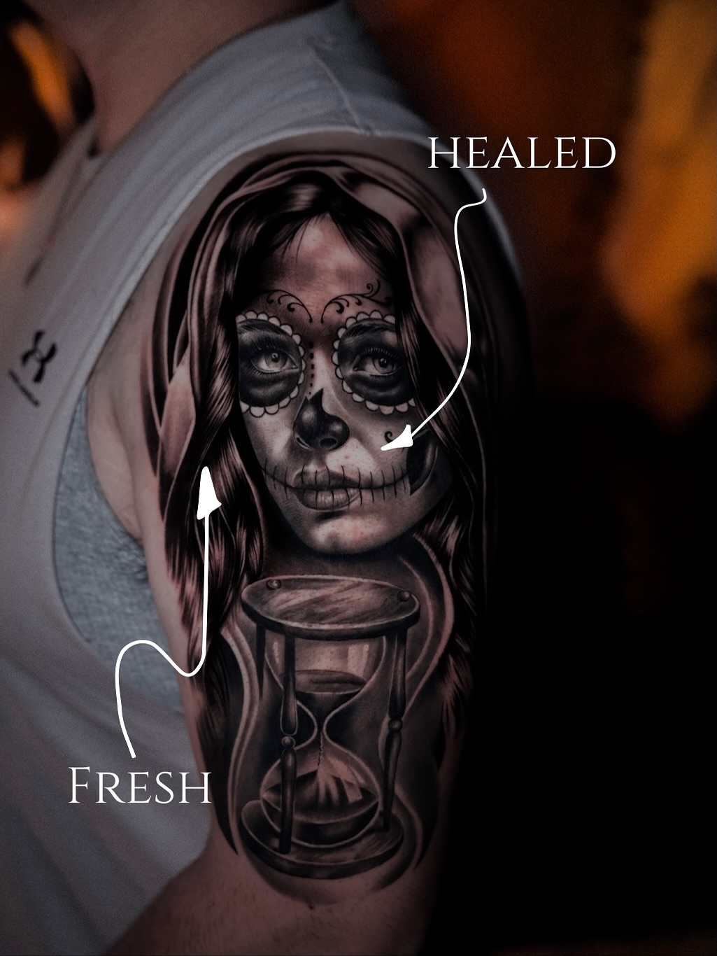 Sugar skull woman realism tattoo on the forearm by Andy Garcia