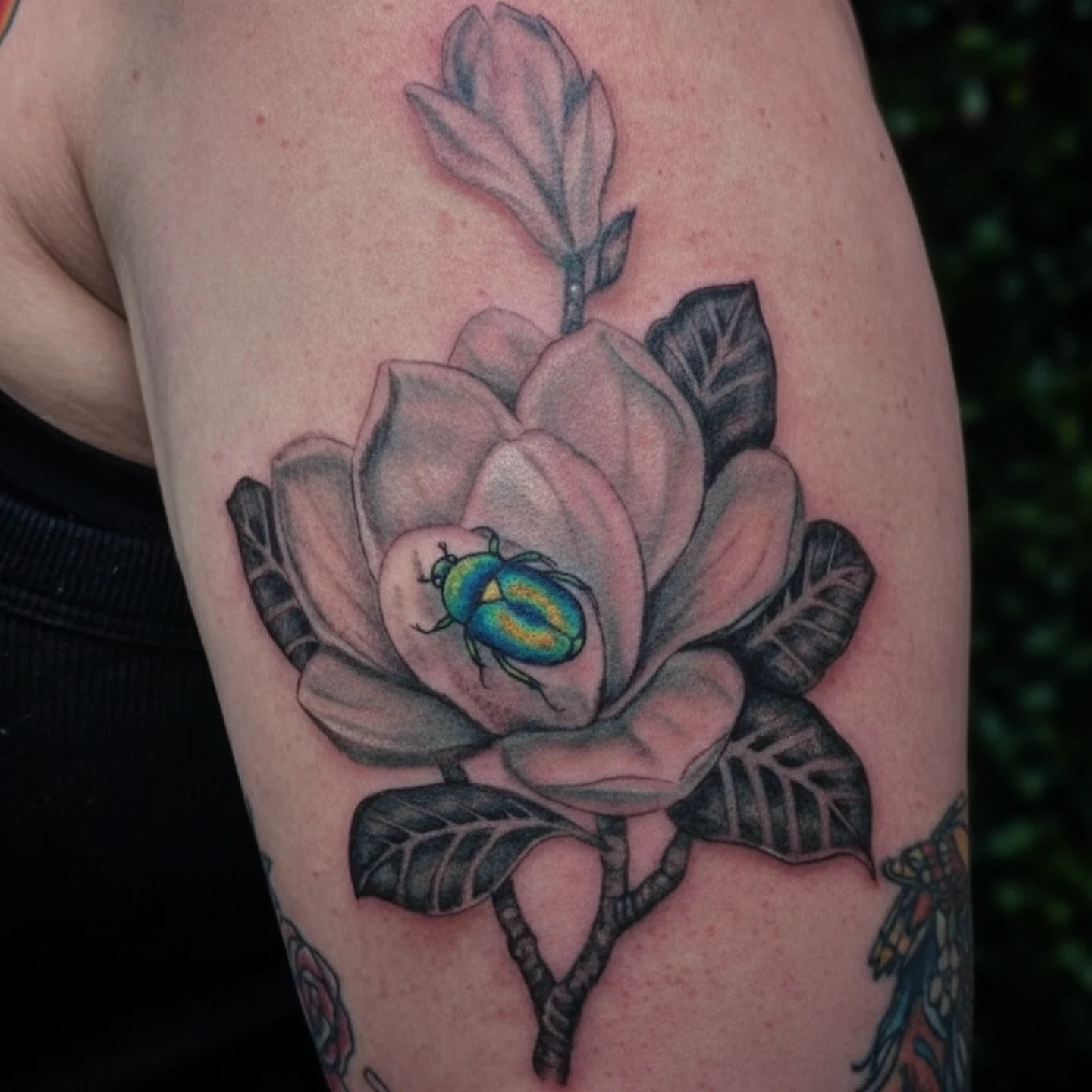 Magnolia flower with beetle realism tattoo on the forearm by Marlayna Connelly