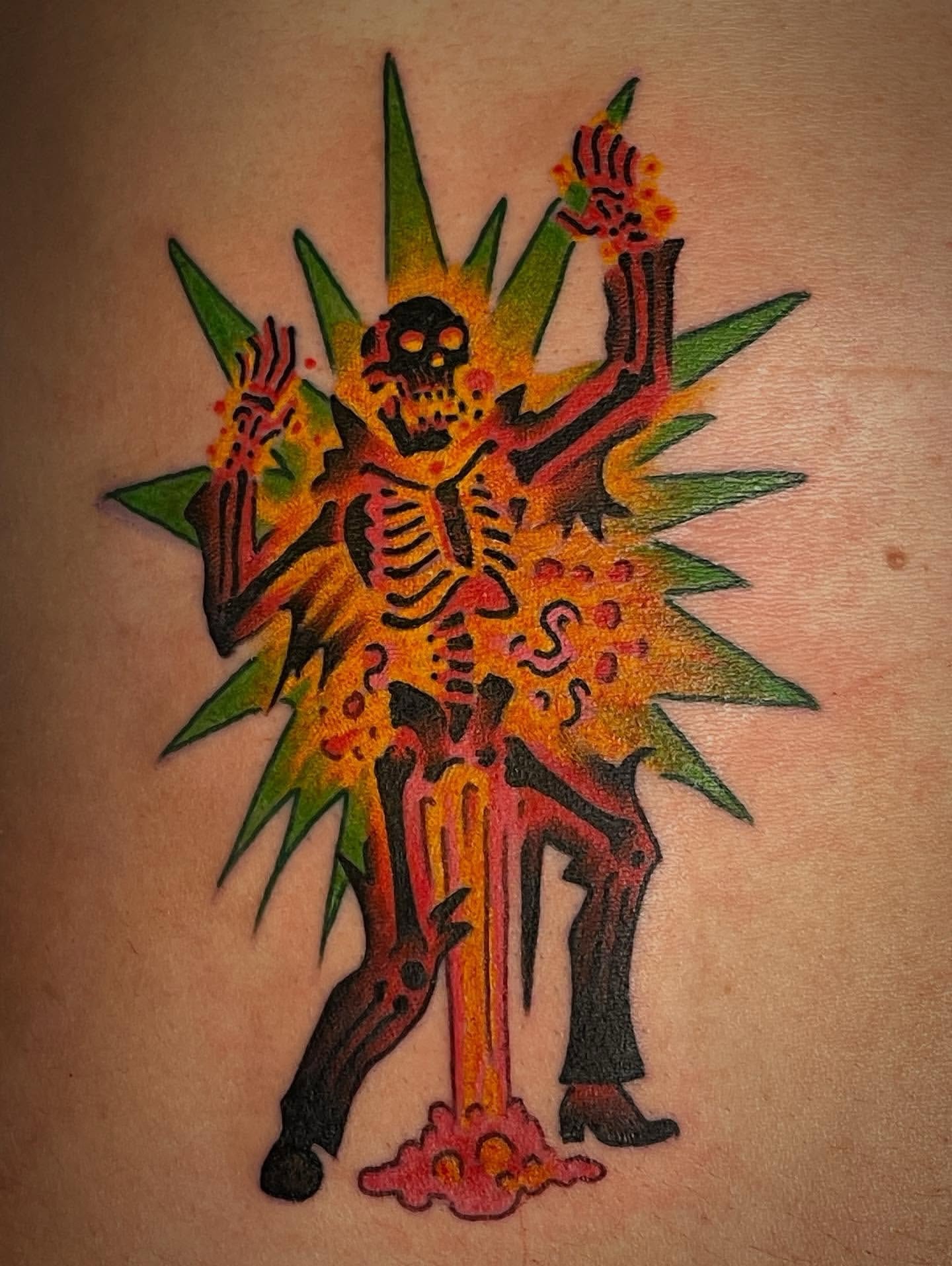 Skeleton with flowers American traditional tattoo on the thigh by Ian Bederman, Austin, Texas