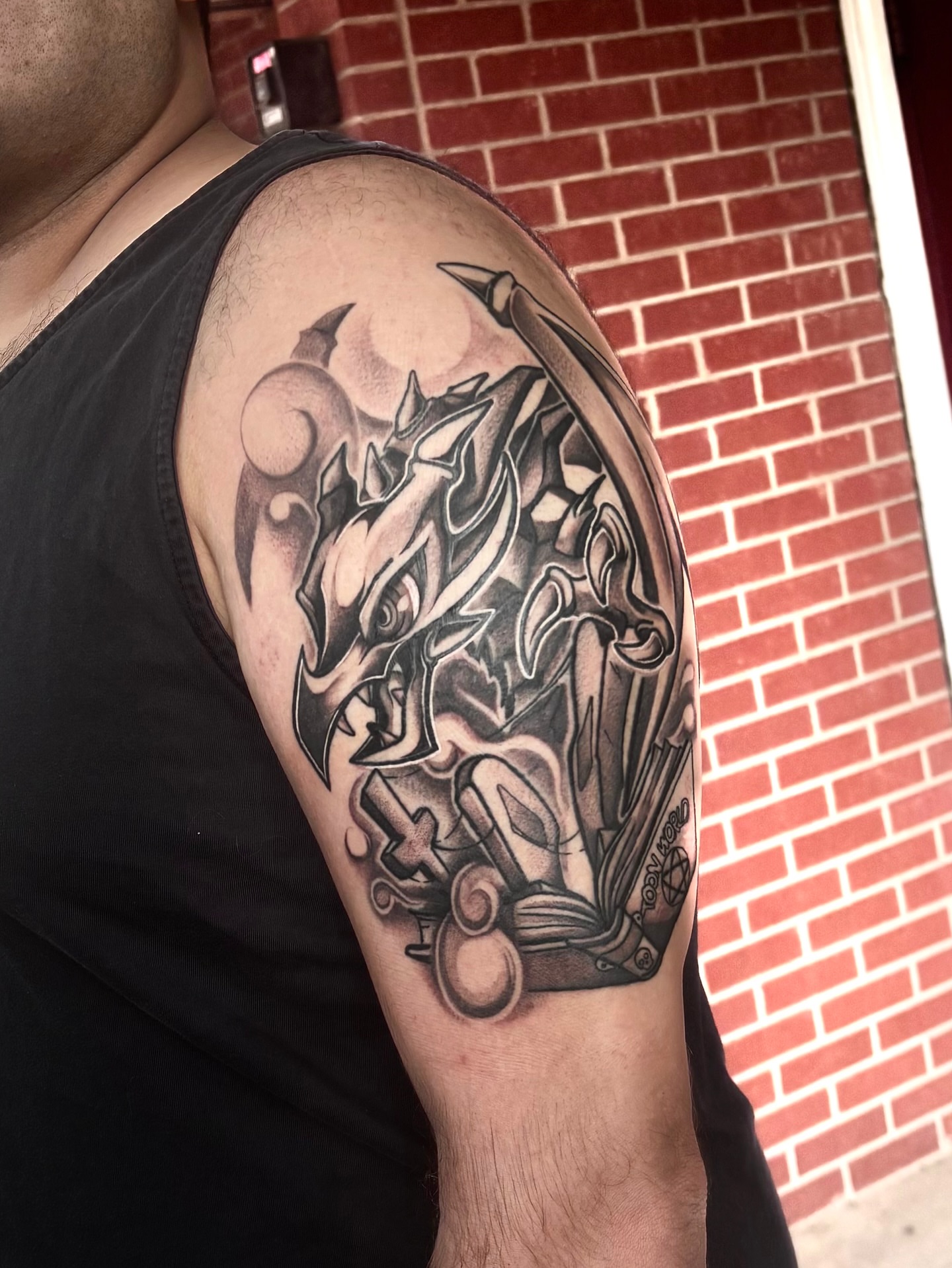 Tattoo by @owlliemoontattoo — black_and_grey, dark_realism
